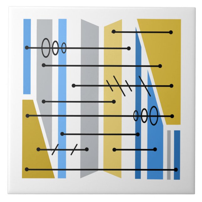 Atomic Abstract Geometric Art Blue Gold Ceramic Tile (Front)
