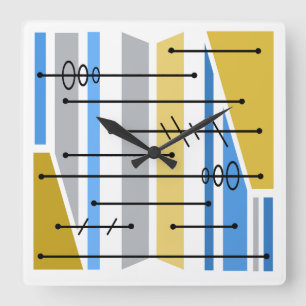 Atomic Abstract Geometric Art Blue Gold Square Wall Clock