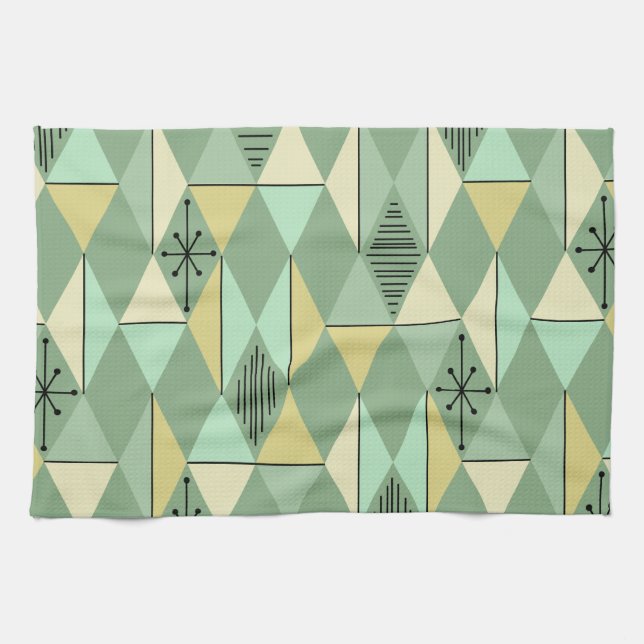 Atomic Age Art Diamonds Mint Green Yellow Tea Towel (Horizontal)