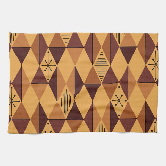 Atomic Age Art Diamonds Ochre Maroon Tea Towel (Horizontal)