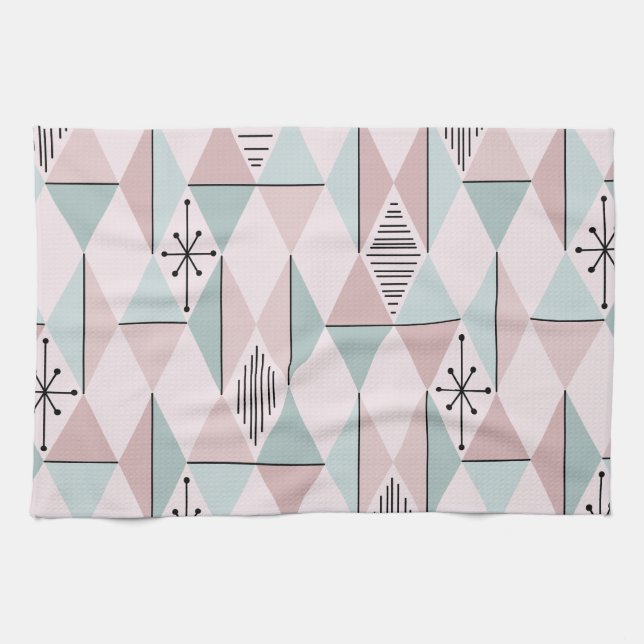 Atomic Age Art Diamonds Pastel Pink Green Tea Towel (Horizontal)