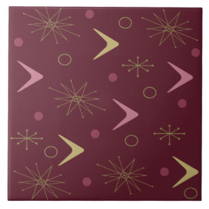 Atomic Age Boomerangs Starbursts Dark Red Gold Ceramic Tile