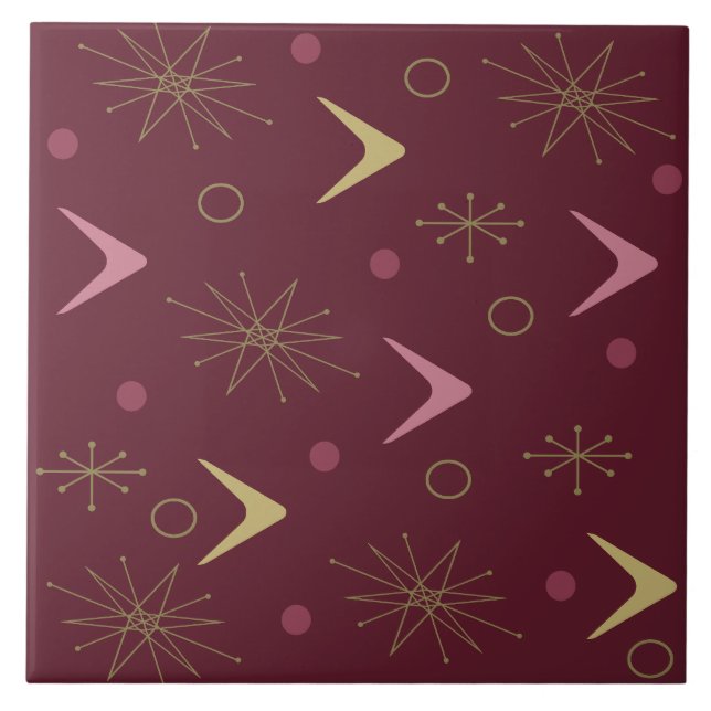 Atomic Age Boomerangs Starbursts Dark Red Gold Ceramic Tile (Front)