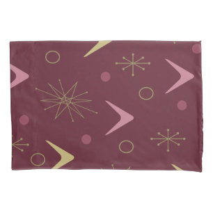 Atomic Age Boomerangs Starbursts Dark Red Gold Pillowcase