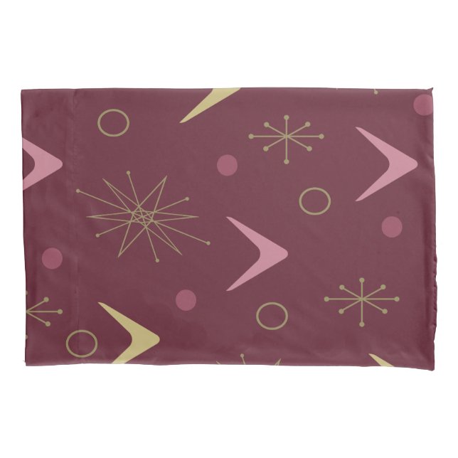 Atomic Age Boomerangs Starbursts Dark Red Gold Pillowcase (Front)