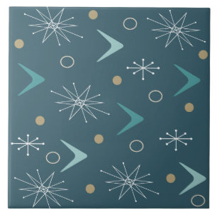 Atomic Age Boomerangs Starbursts Teal Gold Ceramic Tile