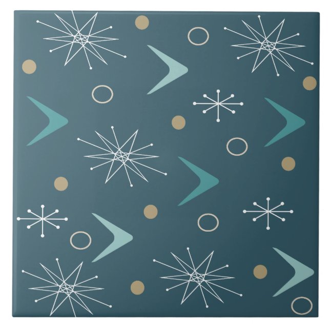 Atomic Age Boomerangs Starbursts Teal Gold Ceramic Tile (Front)