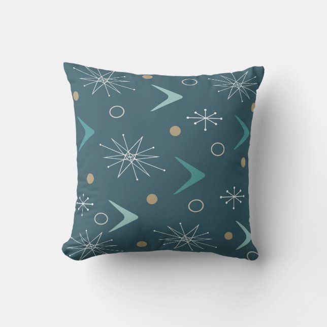 Atomic Age Boomerangs Starbursts Teal Gold Cushion (Front)