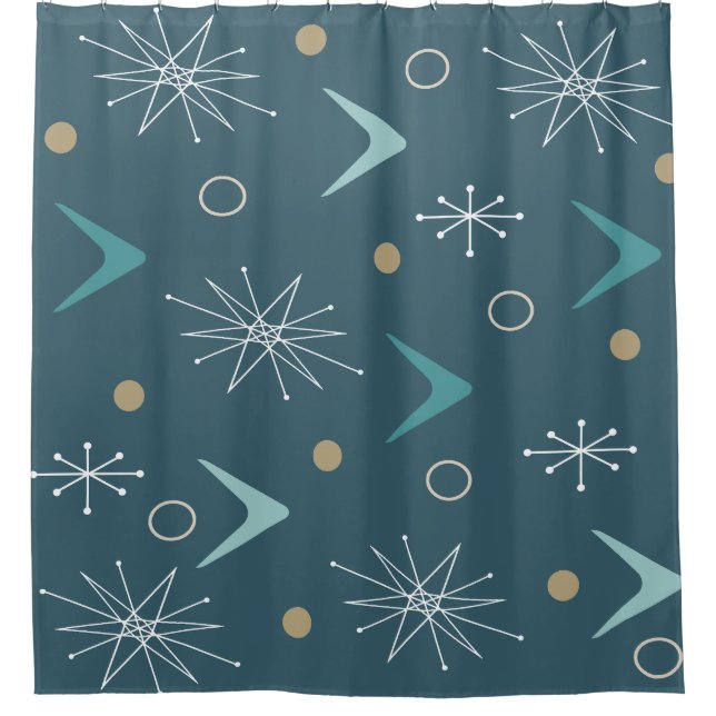 Atomic Age Boomerangs Starbursts Teal Gold Shower Curtain (Front)