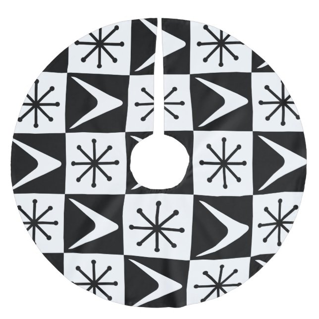 Atomic Age Chequered Boomerangs Black White Brushed Polyester Tree Skirt (Front)