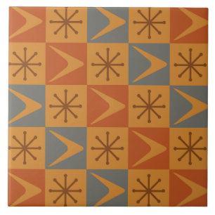 Atomic Age Chequered Boomerangs Burnt Orange Ceramic Tile