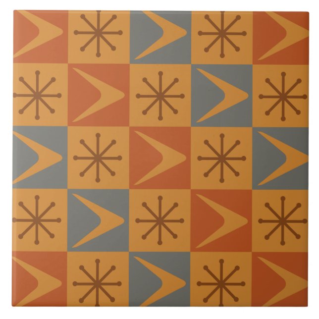 Atomic Age Chequered Boomerangs Burnt Orange Ceramic Tile (Front)