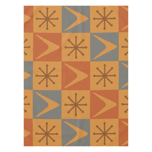 Atomic Age Chequered Boomerangs Burnt Orange Tablecloth (Front)