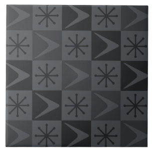 Atomic Age Chequered Boomerangs Grey Ceramic Tile