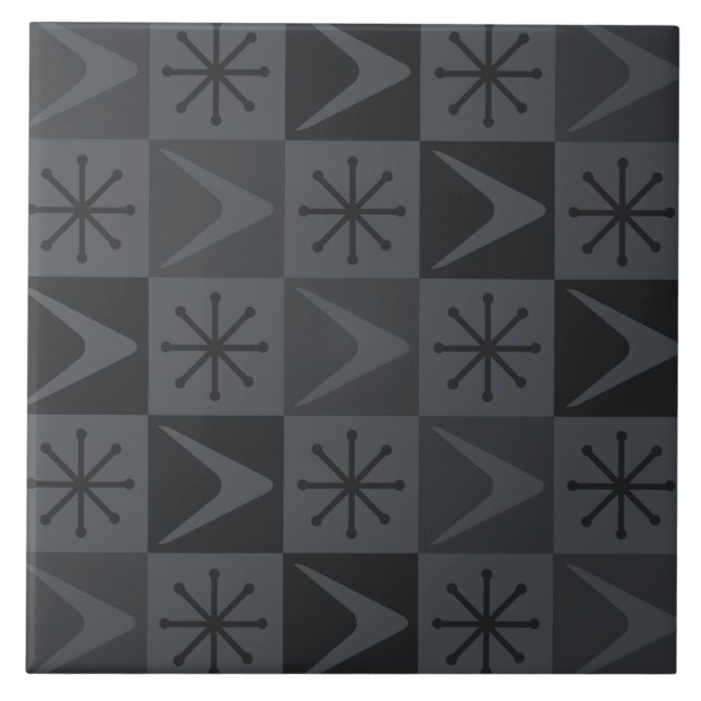 Atomic Age Chequered Boomerangs Grey Ceramic Tile (Front)