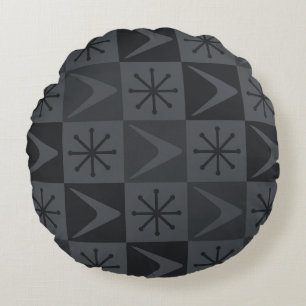 Atomic Age Chequered Boomerangs Grey Round Cushion