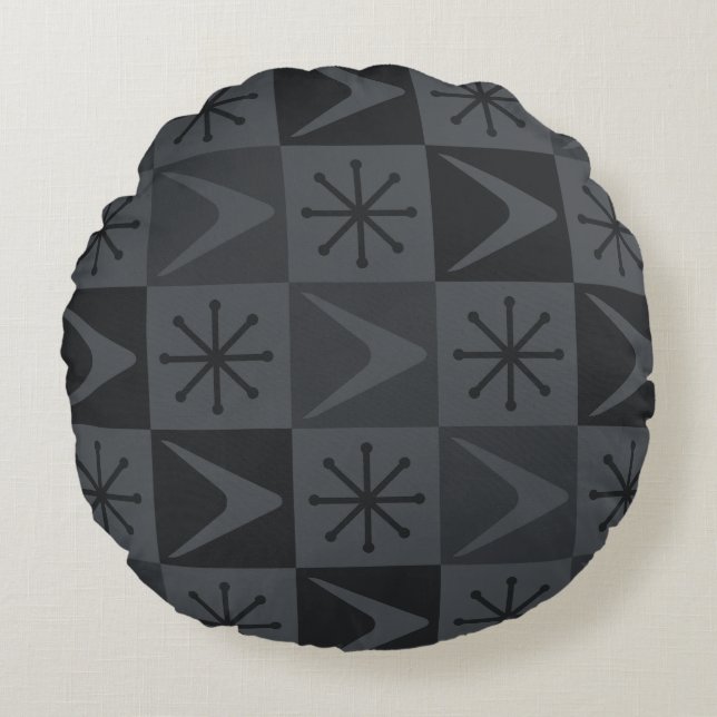 Atomic Age Chequered Boomerangs Grey Round Cushion (Front)