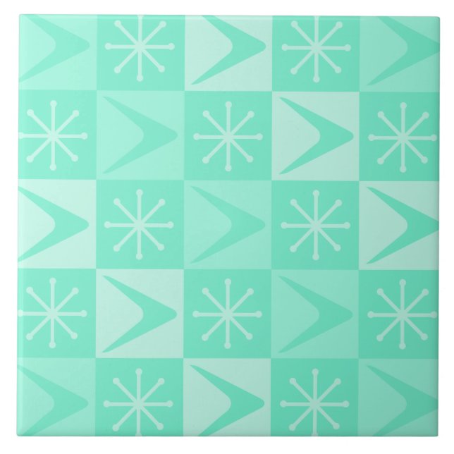 Atomic Age Chequered Boomerangs Mint Green Ceramic Tile (Front)