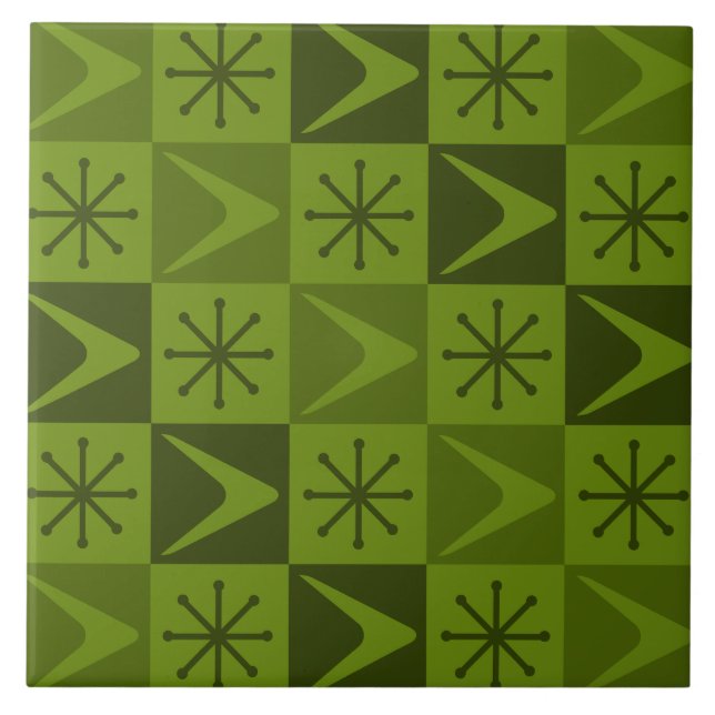 Atomic Age Chequered Boomerangs Olive Ceramic Tile (Front)