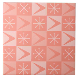 Atomic Age Chequered Boomerangs Peach Ceramic Tile