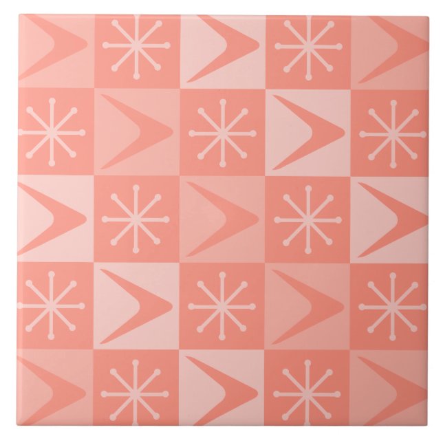 Atomic Age Chequered Boomerangs Peach Ceramic Tile (Front)