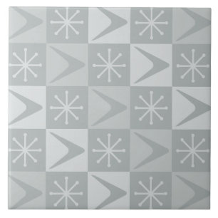 Atomic Age Chequered Boomerangs Silver Ceramic Tile