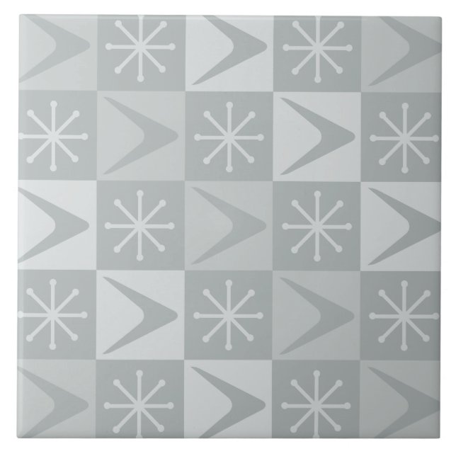 Atomic Age Chequered Boomerangs Silver Ceramic Tile (Front)