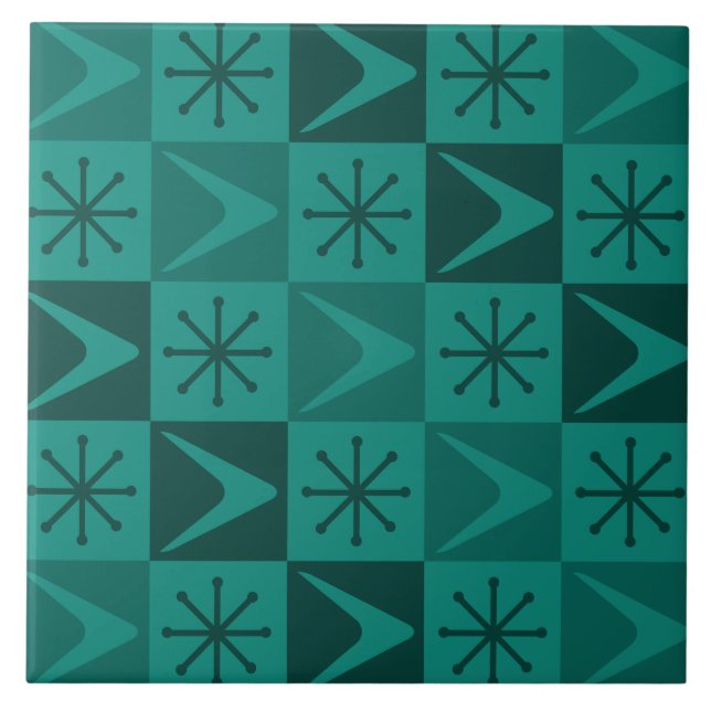 Atomic Age Chequered Boomerangs Teal Ceramic Tile (Front)