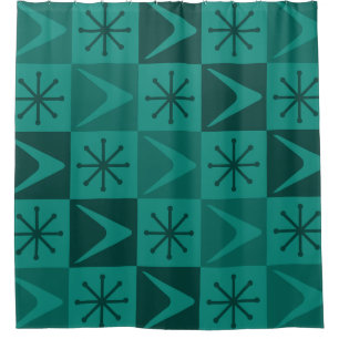 Atomic Age Chequered Boomerangs Teal Shower Curtain