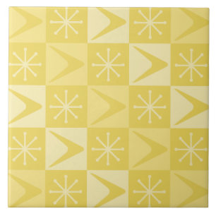 Atomic Age Chequered Boomerangs Yellow Ceramic Tile
