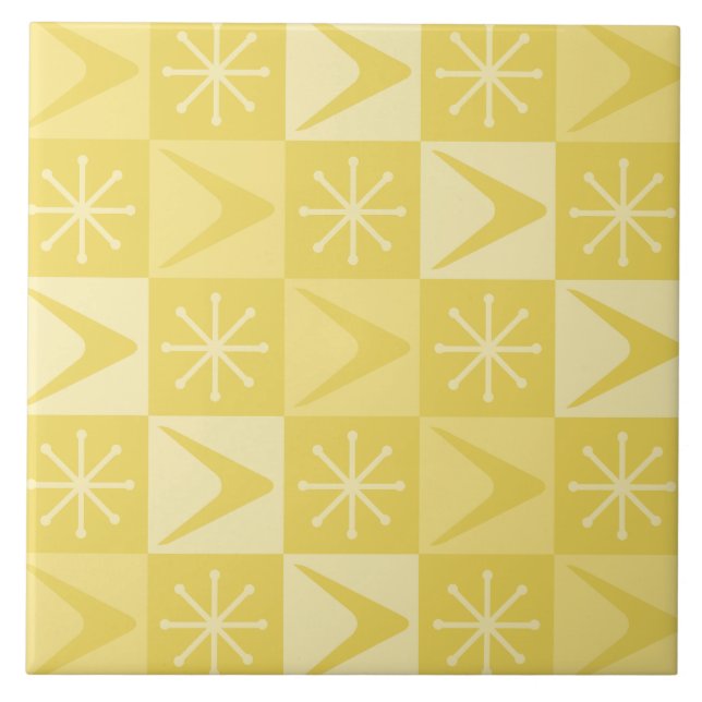 Atomic Age Chequered Boomerangs Yellow Ceramic Tile (Front)