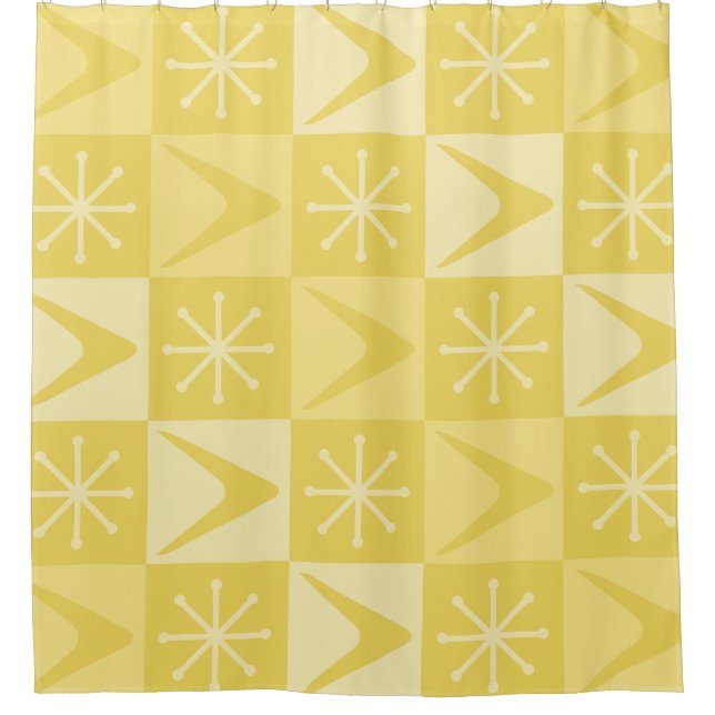 Atomic Age Chequered Boomerangs Yellow Shower Curtain (Front)