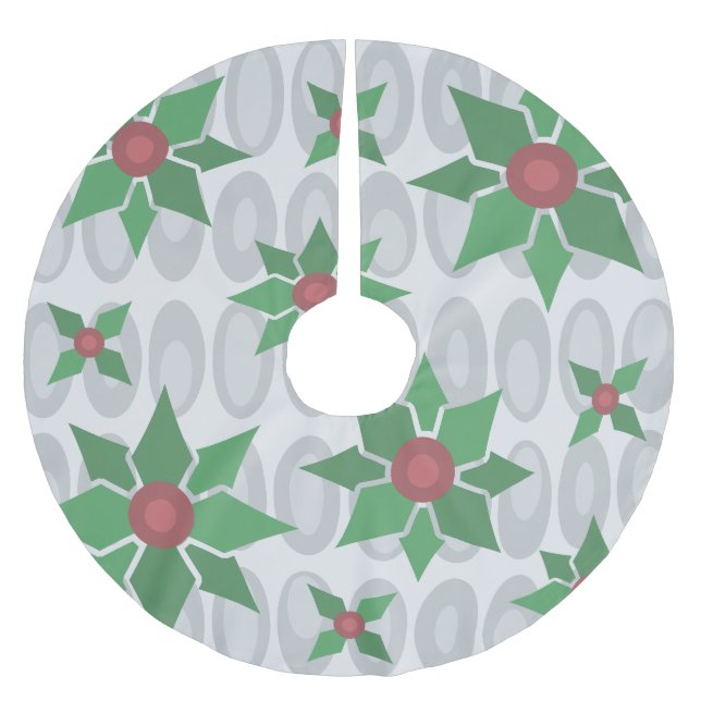 Atomic Age Christmas Holly Silver Brushed Polyester Tree Skirt (Front)
