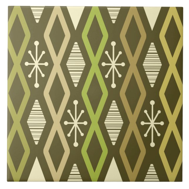 Atomic Age Diamond Columns Olive Green Ceramic Tile (Front)