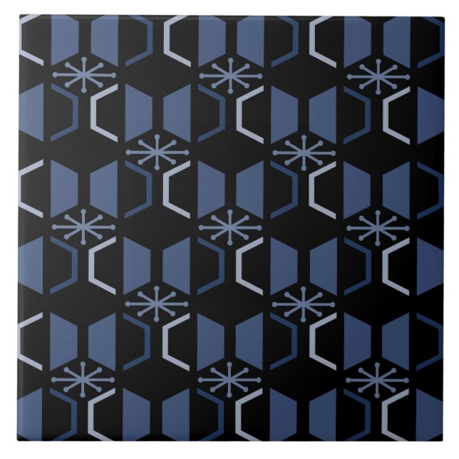 Atomic Age Hexagons Black Blue Ceramic Tile (Front)