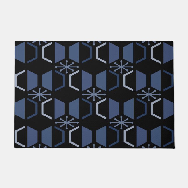 Atomic Age Hexagons Black Blue Doormat (Front)