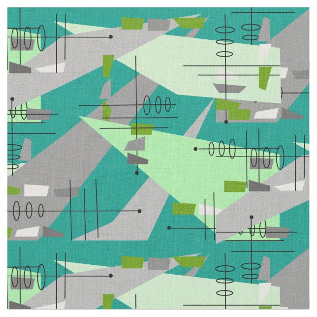 Atomic Age Inspired Abstract Art Fabric in Teal (Close Up)