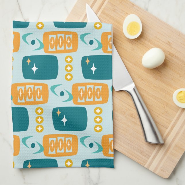 Atomic Age MCM Pattern in Aqua, Orange, Teal Tea Towel (Quarter Fold)