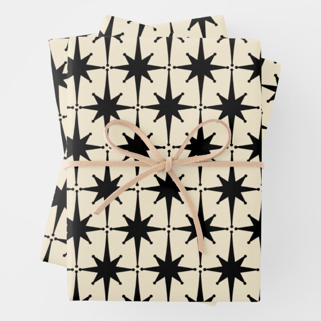 Atomic Age Mid Century Starbursts Black and Cream Wrapping Paper Sheet (In situ)