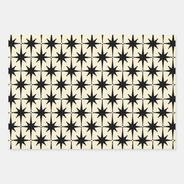Atomic Age Mid Century Starbursts Black & Cream Wrapping Paper Sheet (Front)