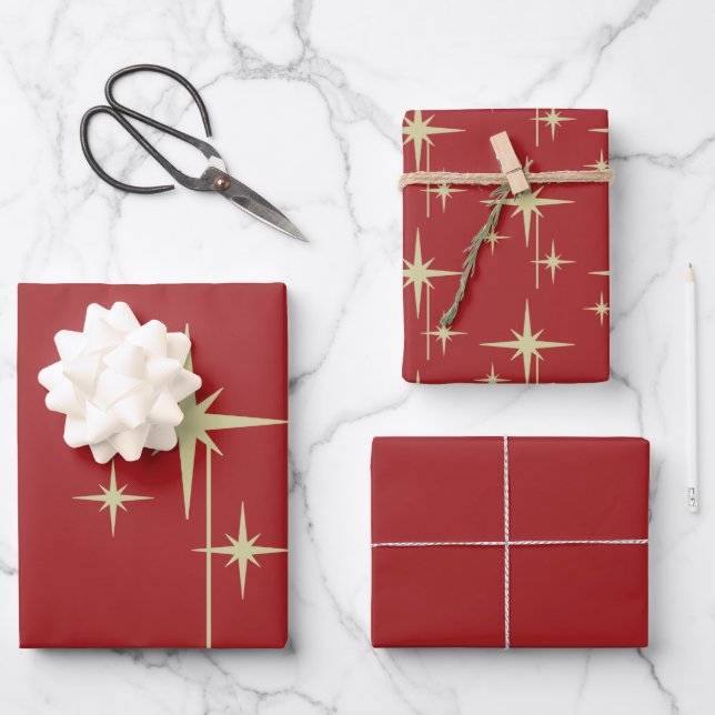 Atomic Age Retro 50s Starburst Maroon Wrapping Paper Sheet (Front)