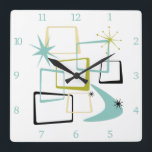 Atomic Age Squares Boomerang Starburst Midcentury Square Wall Clock<br><div class="desc">Add that splash of fun and colour to your wall with this fabulous atomic era mid century modern square wall clock! This design features abstract squares,  starbursts,  and a boomerang in the colours of avocado green,  aqua blue,  yellow,  and black... so funky!</div>