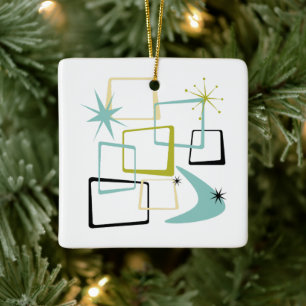 Atomic Age Squares Stars Boomerang Mid Mod Ceramic Ornament