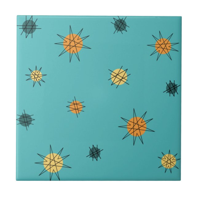 Atomic Age Starburst Planets Turquoise Ceramic Tile (Front)