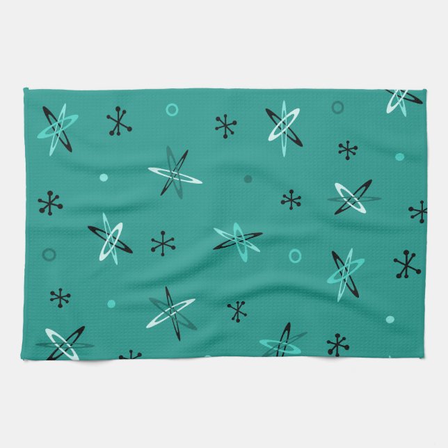 Atomic Age Starbursts Teal Tea Towel (Horizontal)