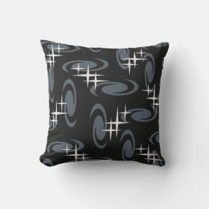 Atomic Age Swirls Stars Pattern Black Grey Cushion