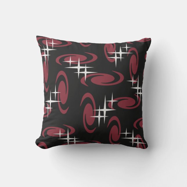 Atomic Age Swirls Stars Pattern Black Maroon Cushion (Front)