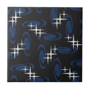 Atomic Age Swirls Stars Pattern Black Navy Blue Ceramic Tile
