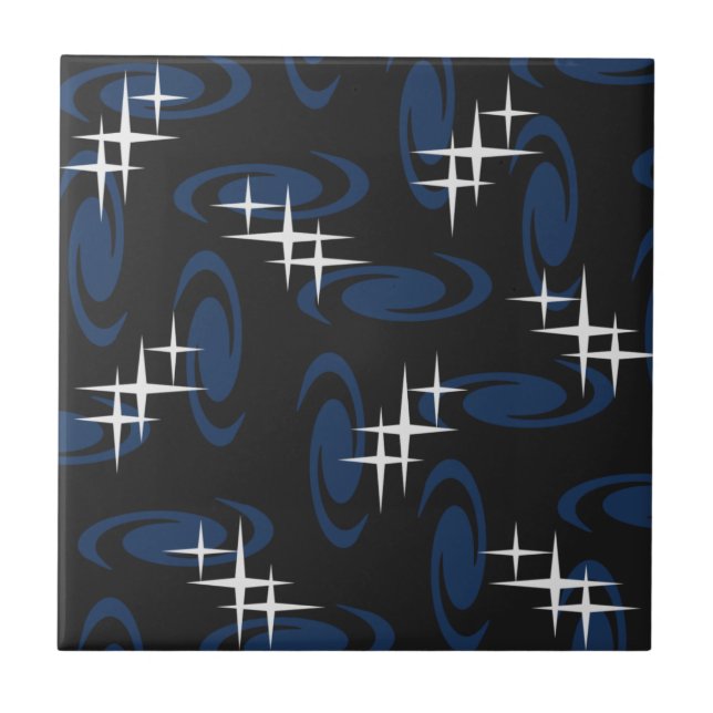 Atomic Age Swirls Stars Pattern Black Navy Blue Ceramic Tile (Front)