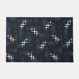Atomic Age Swirls Stars Pattern Black Navy Blue Doormat